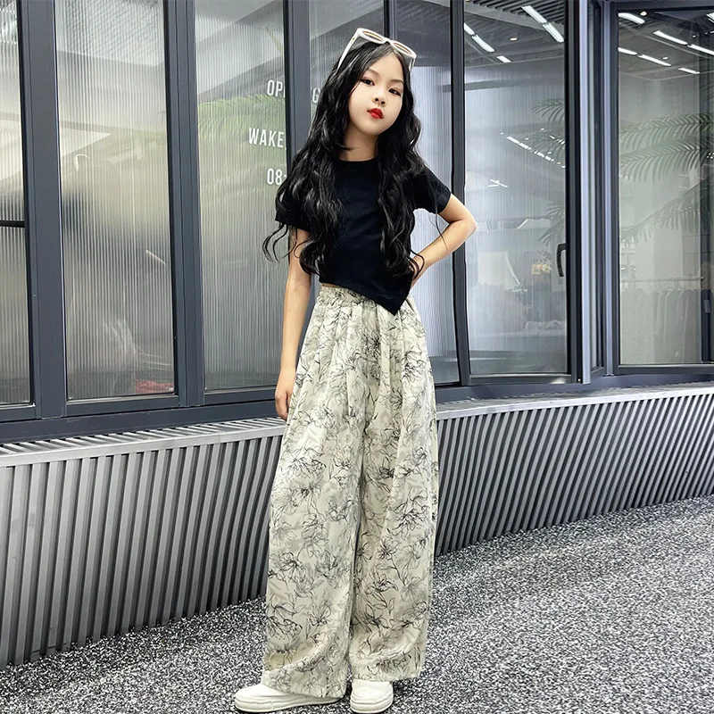 New Summer Girls Pants Floral Pattern Pants For Girls Casual Style Children Trousers Teenage Children's Clothes 6 8 10 12 14 Y