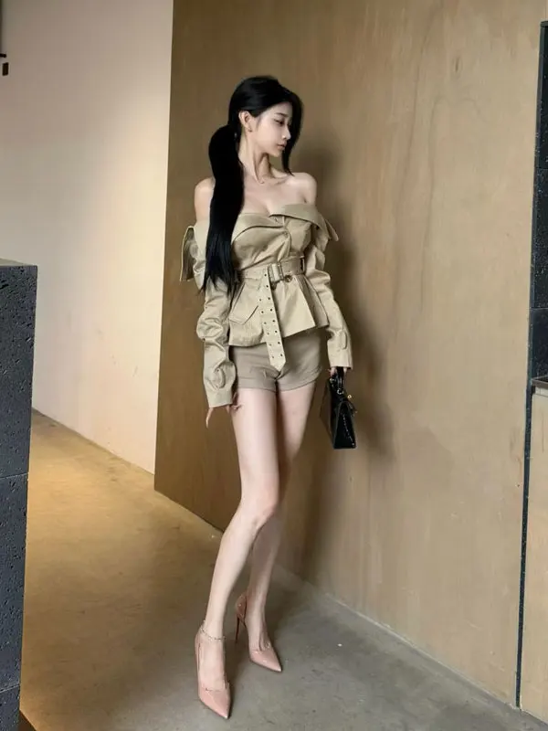 

Korean Style Fashionable One Shoulder Top And Shorts Set Comfortable mid Stretch High Waist Pure Color Autumn Casual Wear