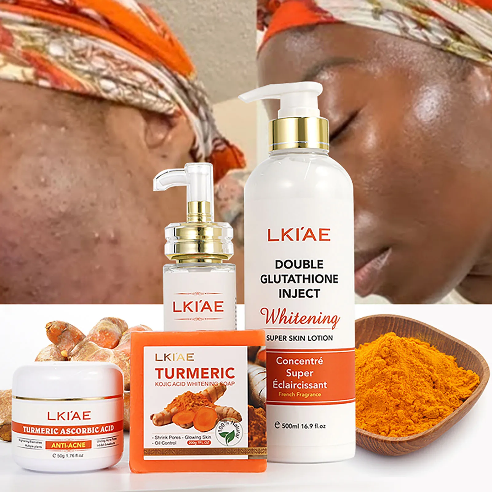 Natural Turmeric Whitening Skin Care Set, Moisturizing, Anti Dark Spots,  Acne, Even Skin Tone, With Glutathione And Aloe