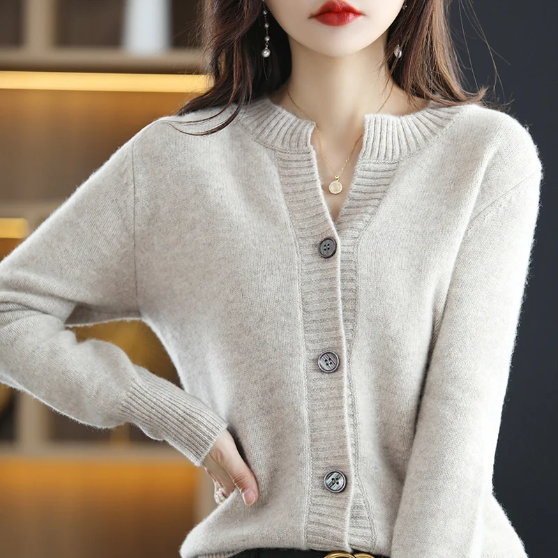 100% Wool Cashmere Cardigan Women\'s Autumn and Winter New Round Neck Sweater Loose Large Size Coat Korean Fashion Knitted Jacket