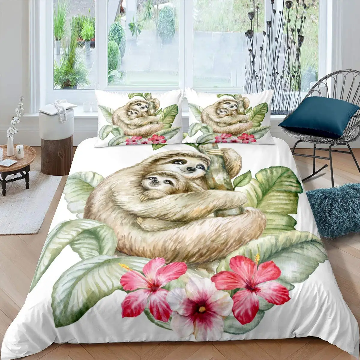 

Sloths Tropical Leaves Comforter Cover Set Bedding Set for Kids Boys Girls Cute Animal Duvet Cover Lovely Bedspread Queen Size