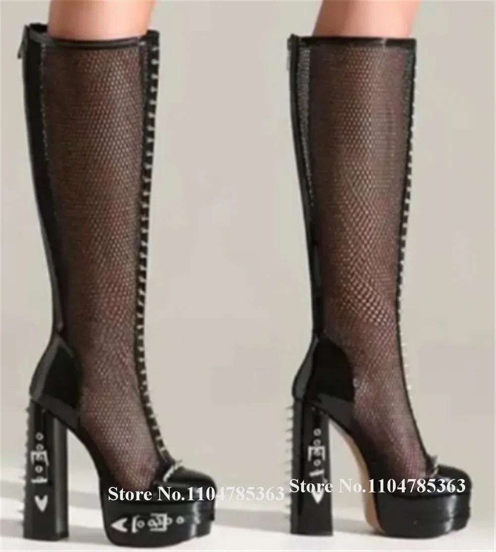 

Черные сапоги до колена из лакированной кожи в стиле пэчворк с заклепками на массивном каблуке, сапоги до колена с круглым носком и пряжками на высокой платформе, длинные сапоги на толстом каблуке