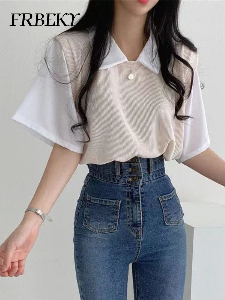 Summer New Polo Collar Tops Fake Two Pieces College Style Color Collision Short-sleeved T-shirt Shirts & Blouses Korean Fashion