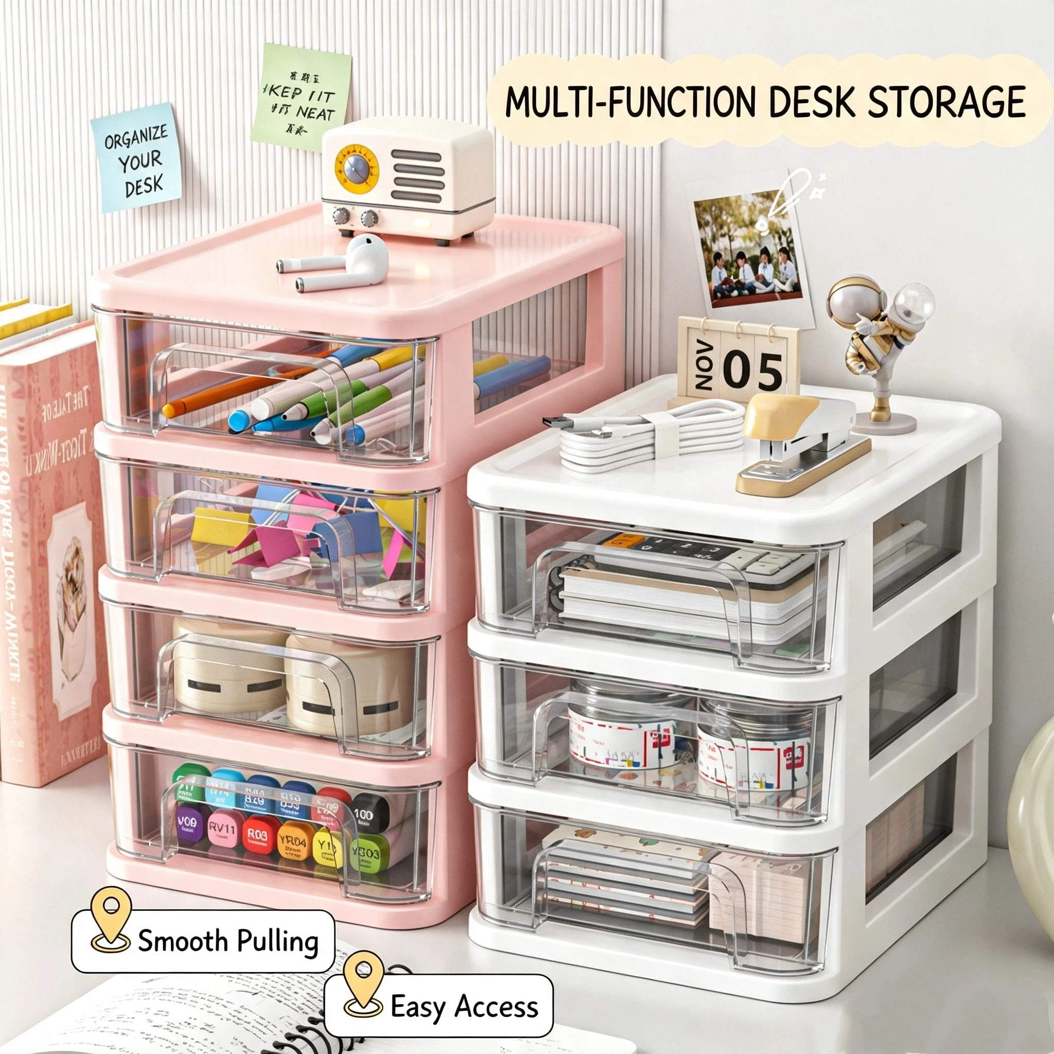 3 5 Layer Clear Stacking Drawer Organizer Multi Tier PP Storage Box Office Beauty Modular Desktop Tool