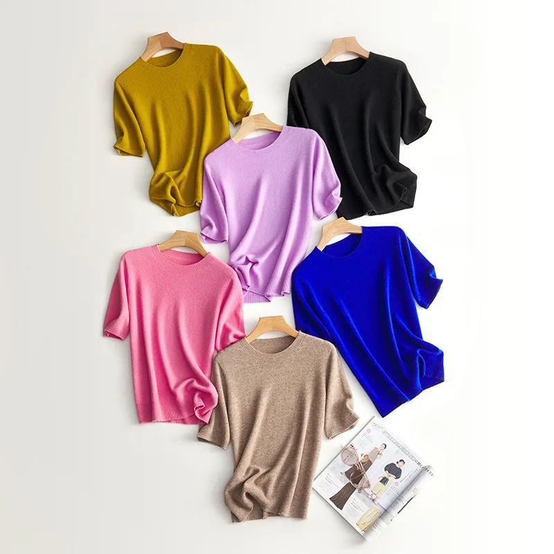 2024 Autumn 100% Merino Wool Sweater Women Round Neck Seamless Solid Color Half Sleeve Knitted Tops