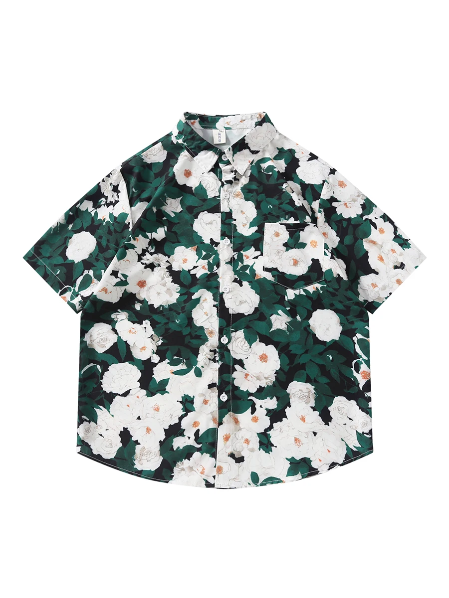 Men and Women Hawaiian Floral Beach Short-sleeved Lapel Shirt Trendy Resort Style Large Size Loose Casual Single-breasted Blouse