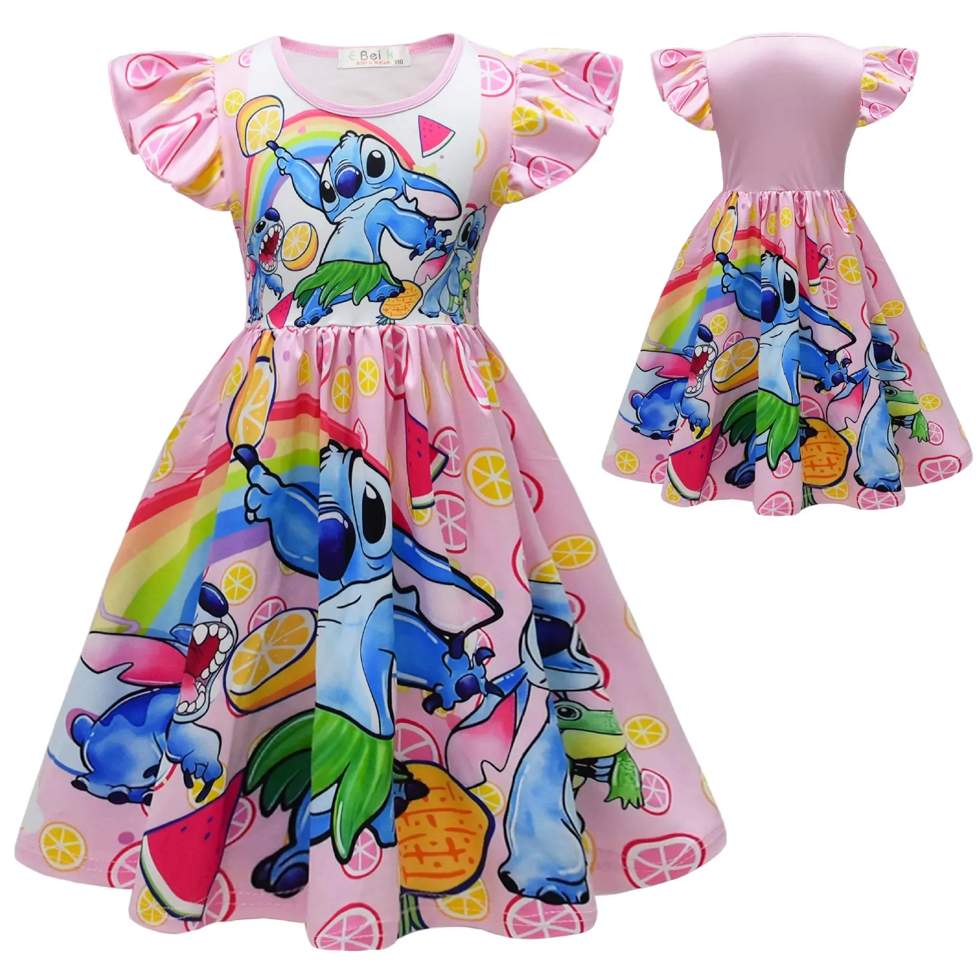 

Disney Stitch Summer Cartoon Girl Skirt Short Sleeve T-Shirt Girl Fly Sleeve Dress