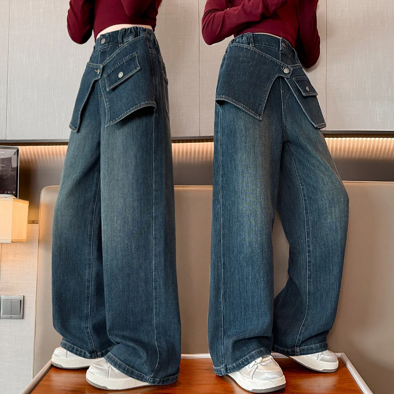 

Джинсы прямого кроя для девочек, брюки с высокой талией, модные широкие брюки в корейском стиле, осенняя коллекция для старшеклассниц