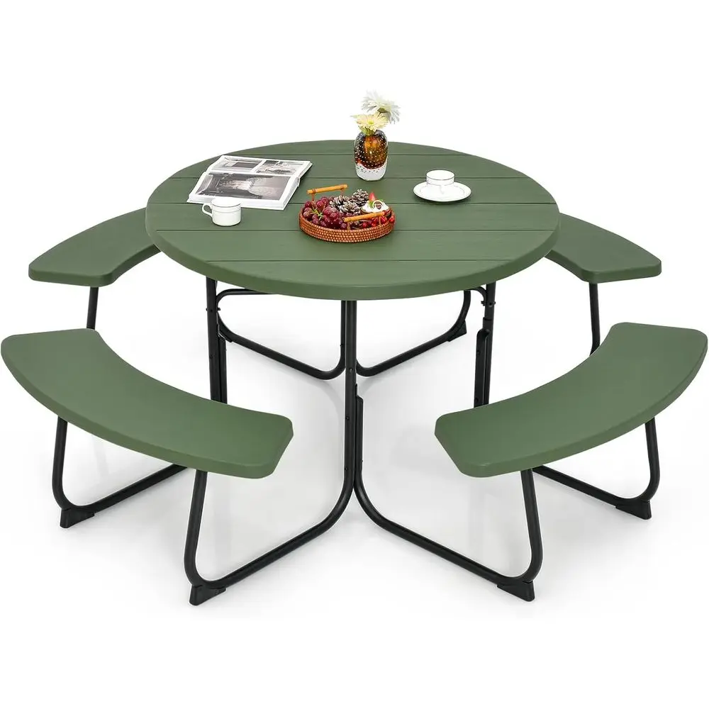 8 Person Picnic Table, Outdoor Round Picnic Table with 4 Built-in Benches, Umbrella Hole, Metal e & HDPE Tabletop, Outside Table