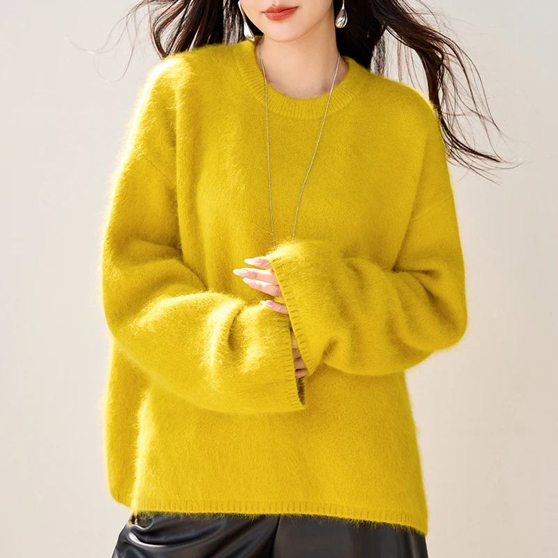Suéter amarillo holgado informal de gran tamaño para mujer, jerséis suaves de manga larga, prendas de punto elegantes a la moda para Otoño e Invierno, Top de punto a la moda