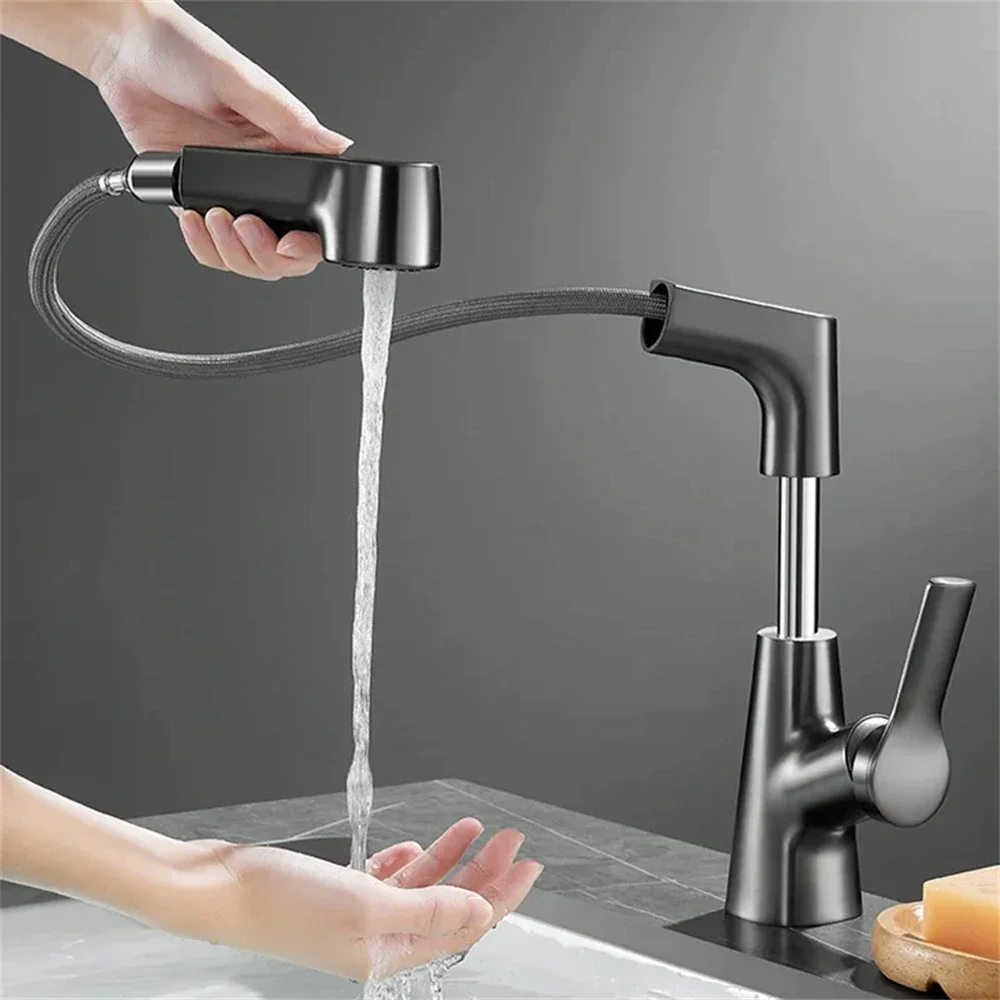 

360° Degree Rotation Lift Washbasin Faucet Household Bathroom Hot Cold Water Washbasin Tap Pull-out Faucet Bathroom Accessories