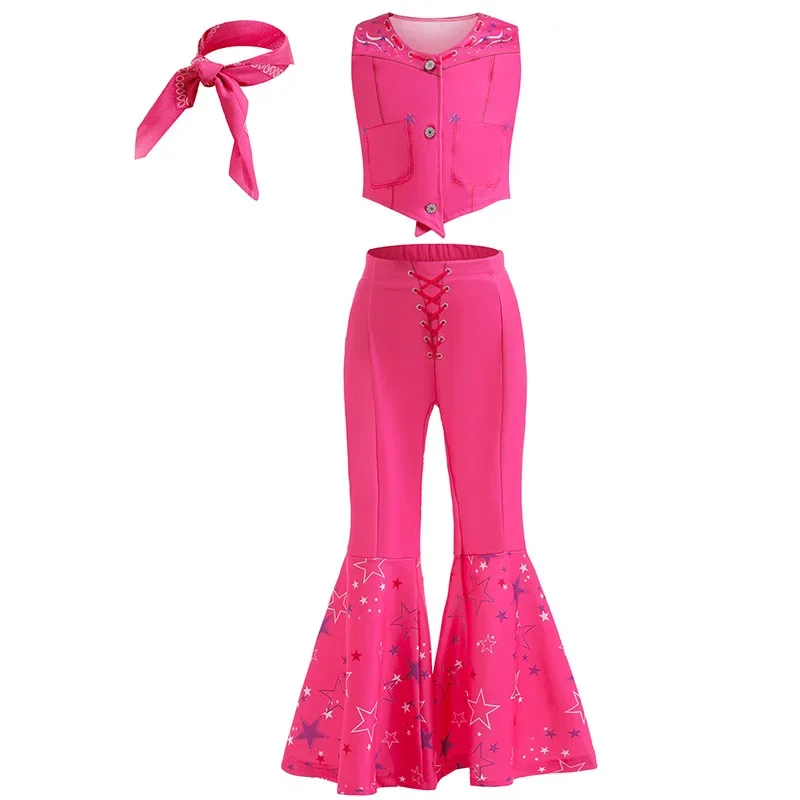 Movie Margot Robbie Barbi Costume Sexy Starry Pink Vest Top Pants Scarf Suit For Kids Girls Halloween Party Pink Plaid Dress