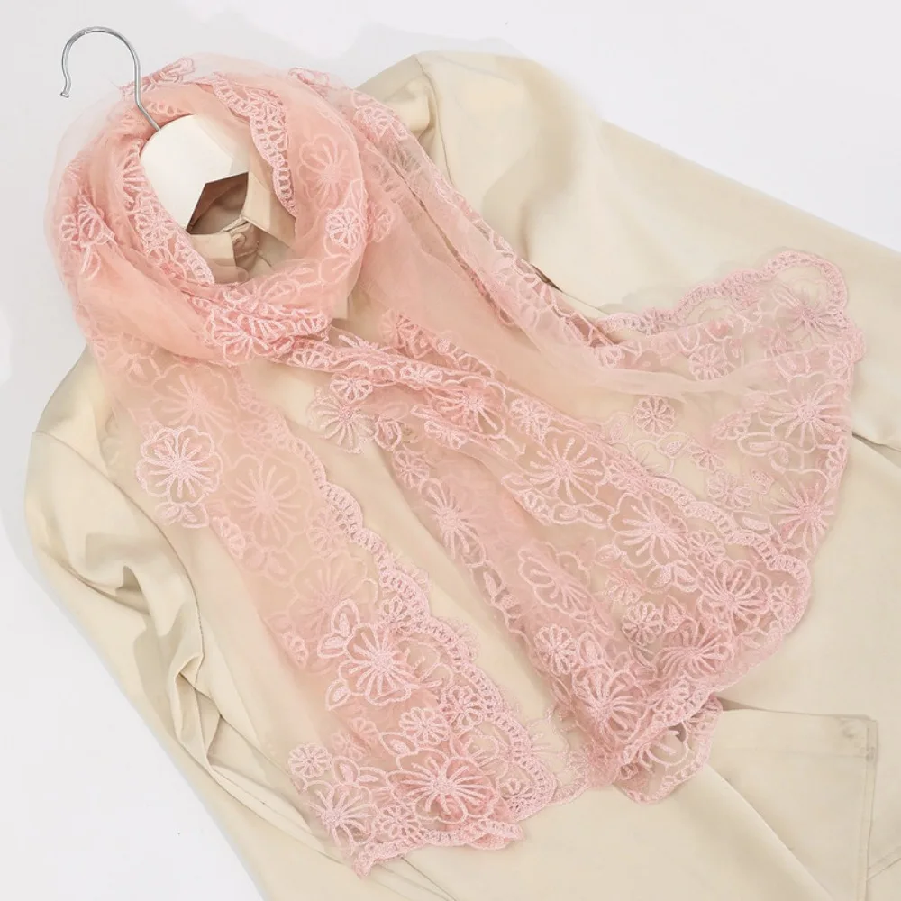 Casual Retro Women's Lace Scarf Thin Korean Version Ladies' Shawl Long Embroidered Flower Female Headscarf