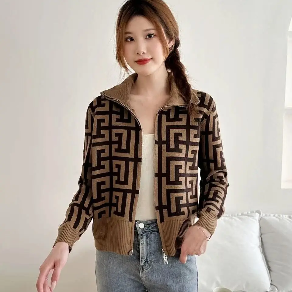 Unique Geometry Jacquard Sweater Cardigan Turtleneck Zipper Lapel Shirts Winter Autumn Knit Short Jackets Slim Elegant Women Y2K
