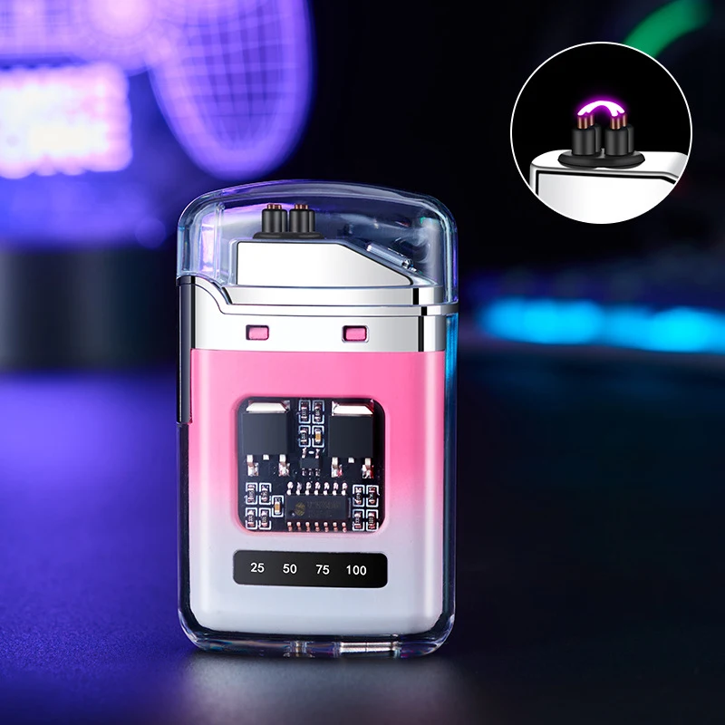 Double Arc Type-C Rechargeable Lighter Transparent Shell LED Battery Display Pulse Plasma Outdoor Windproof Portable Lighter