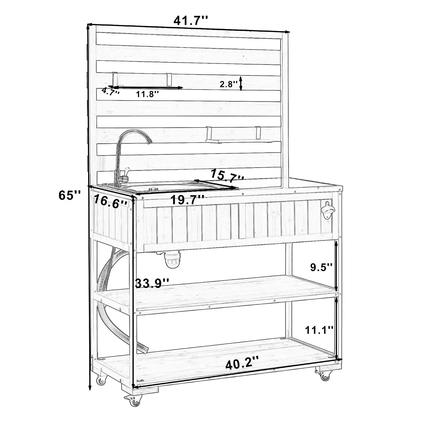 Outdoor Kitchen Island with Sink, Steel Top Potting Bench, Rolling Grill Cart with Shelves & Bottle Opener, 41.7