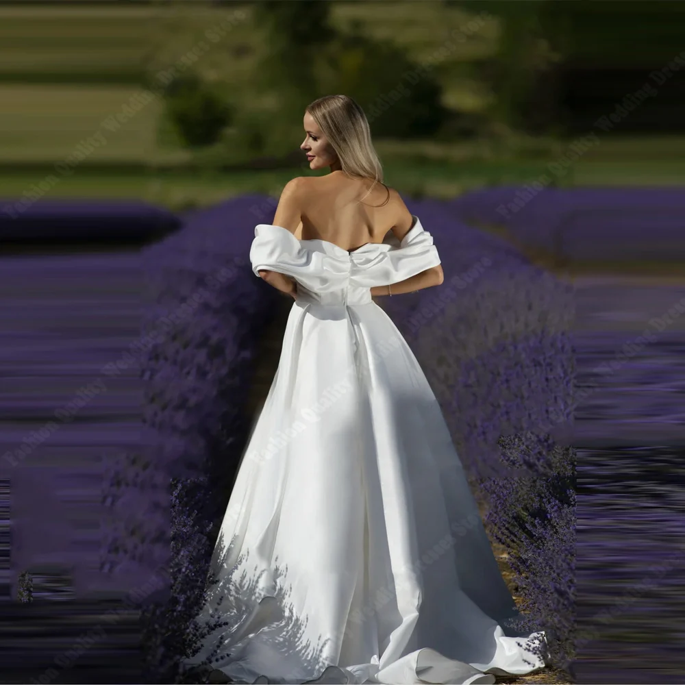 فساتين زفاف أنيقة بدون أكتاف بدون أكمام للنساء مثيرة على شكل حرف a من الساتان زي العرائس طول تنظيف الكرة Vestidos De Novias 2025