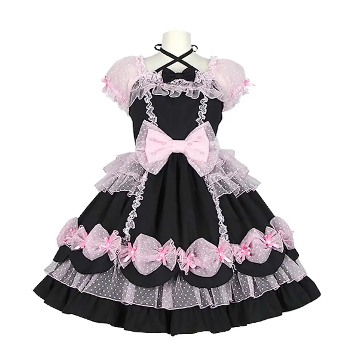 Tailored Lolita pearl bow dotted tulle pleated stacked dress skirt