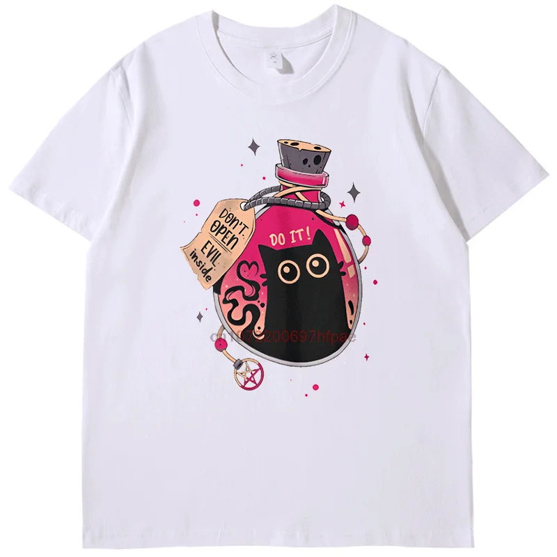 Bottled Menace Evil Black Cat Hallowmas Fashion Graphic T Shirts Cotton Round Neck T-Shirt Unisex Streetwear Mens Print T Shirt