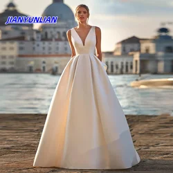 Customized Classic Satin Wedding Dresses For Woman Bride A-LINE V-neck Backless Pearls Bow Robe De Mariée Drop Shipping
