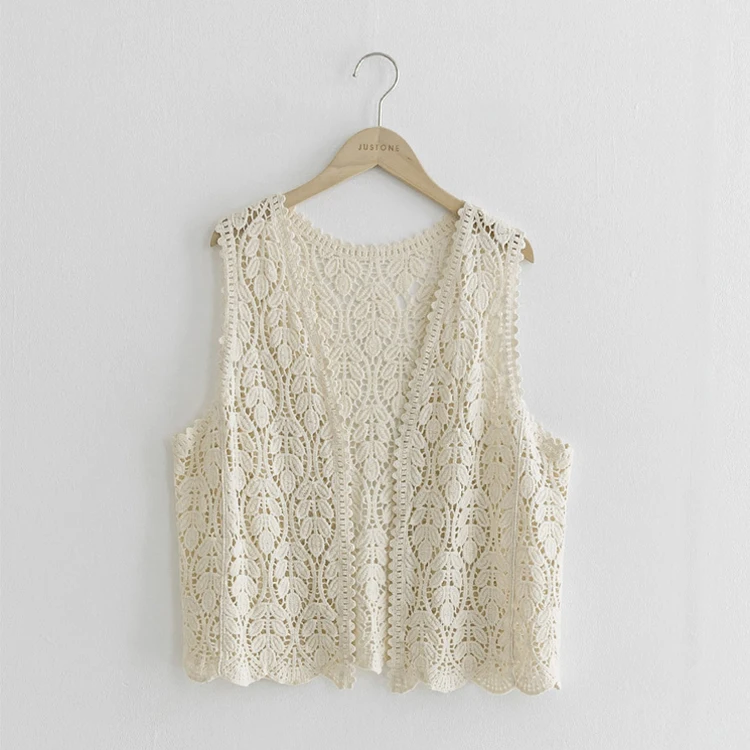 Boho Crochet Knit Vest for Women Cover Up Floral Embroidery Sleeveless Open Front Cardigan Tops Summer Vacation Outfit