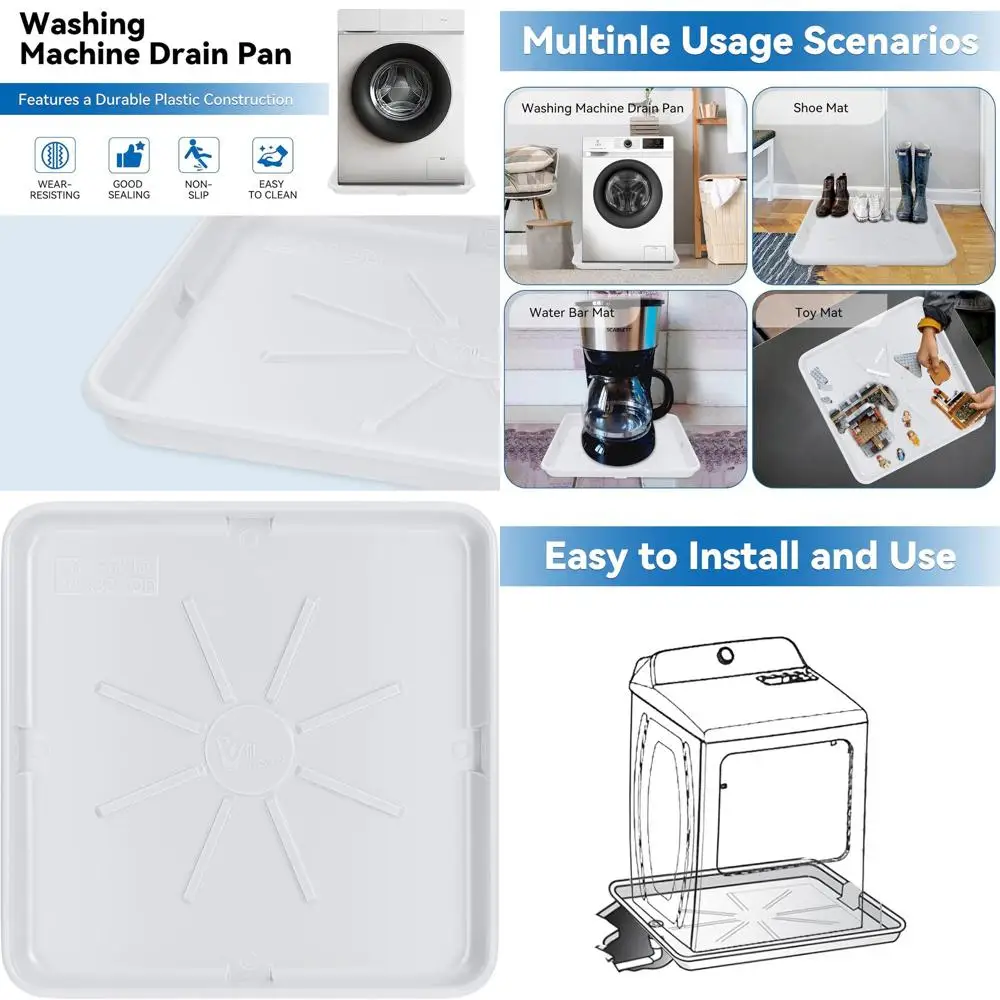 

Durable Plastic Washing Machine Drain Pan, 30x32 with 1 Drain, Leak Protection for Floors (White)