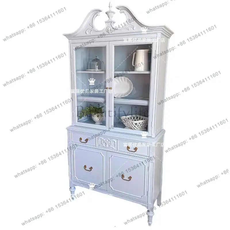 

French retro white solid wood dining side cabinet carved arched glass door bookcase