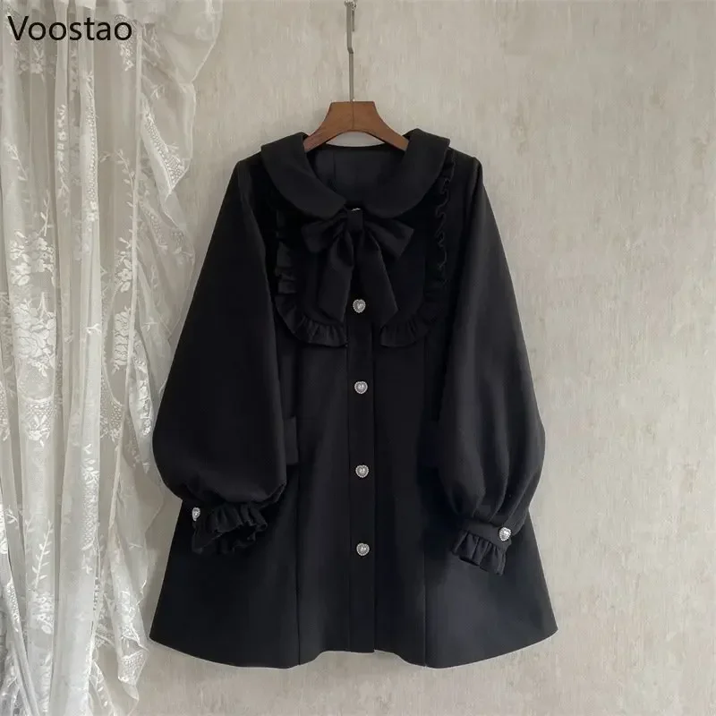 Autumn Japanese Sweet Lolita Style Woolen Coats Women Kawaii Bow Ruffles A-Line Loose Jackets Girly Harajuku Trend Outerwear