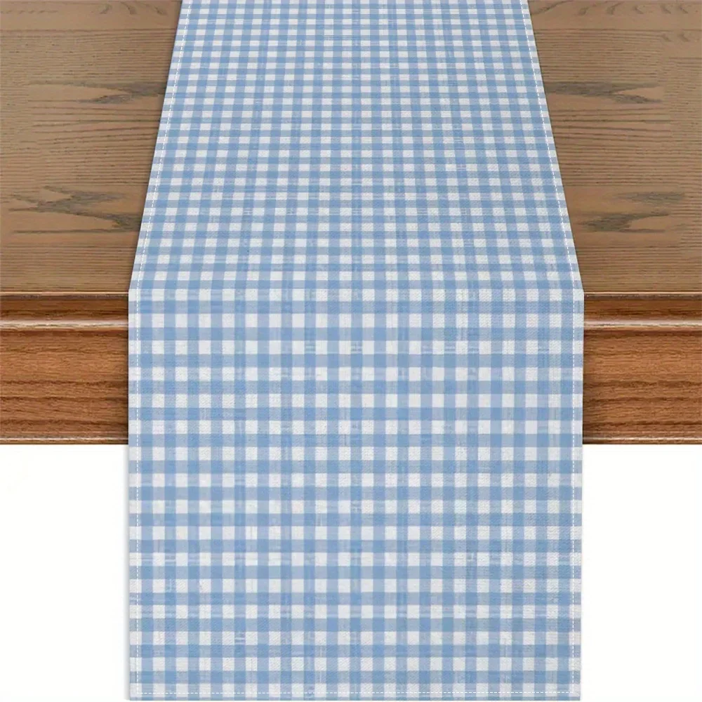 1Pc Classic Gingham Style Table Runner Light Blue And White Checkered Pattern Table Cover For Dining Room Kitchen Party Banquet