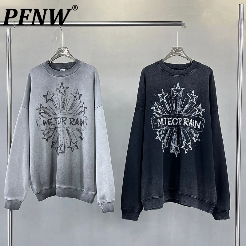 PFNW High Street Washed Distressed White Ink Digital Direct Print O-Neck Sweatshirt 2025 Spring New Loose Pullover Top 28W5812