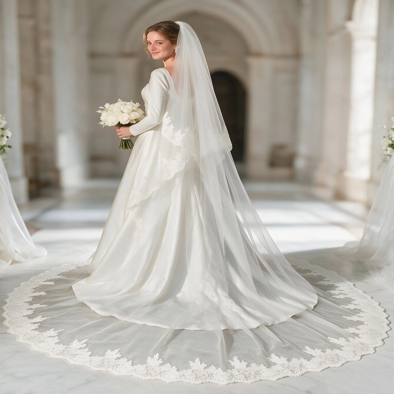 Off-White Two-Tier Long Cathedral Lace Wedding Veil with Floral Edge Tulle Bridal Headpiece Elegant Brides Accessory