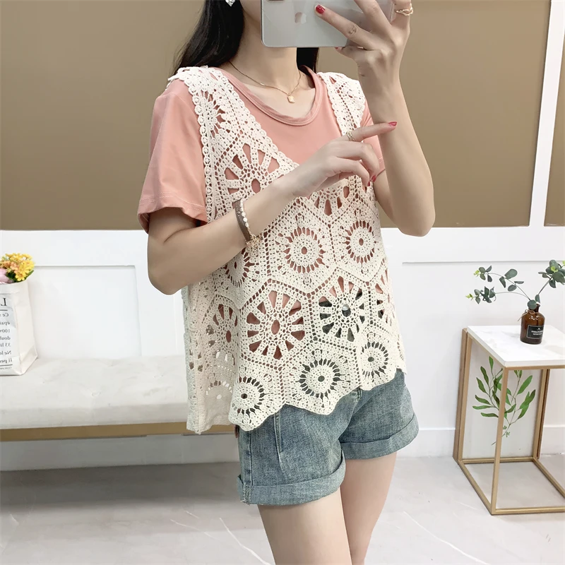 Women\'s Hollow Out Crochet Tank Top Sleeveless Summer Vest Korean Style Casual Holiday Beach Boho Beige Lace Top