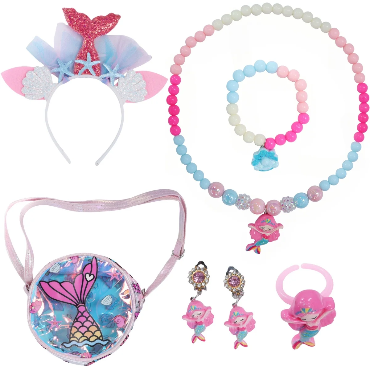 

7pcs Girls Jewelry Set Princess Dress Up Accessories - Headband Bag Necklace Bracelet Ring Earrings Cosplay Gifts Party for Kids