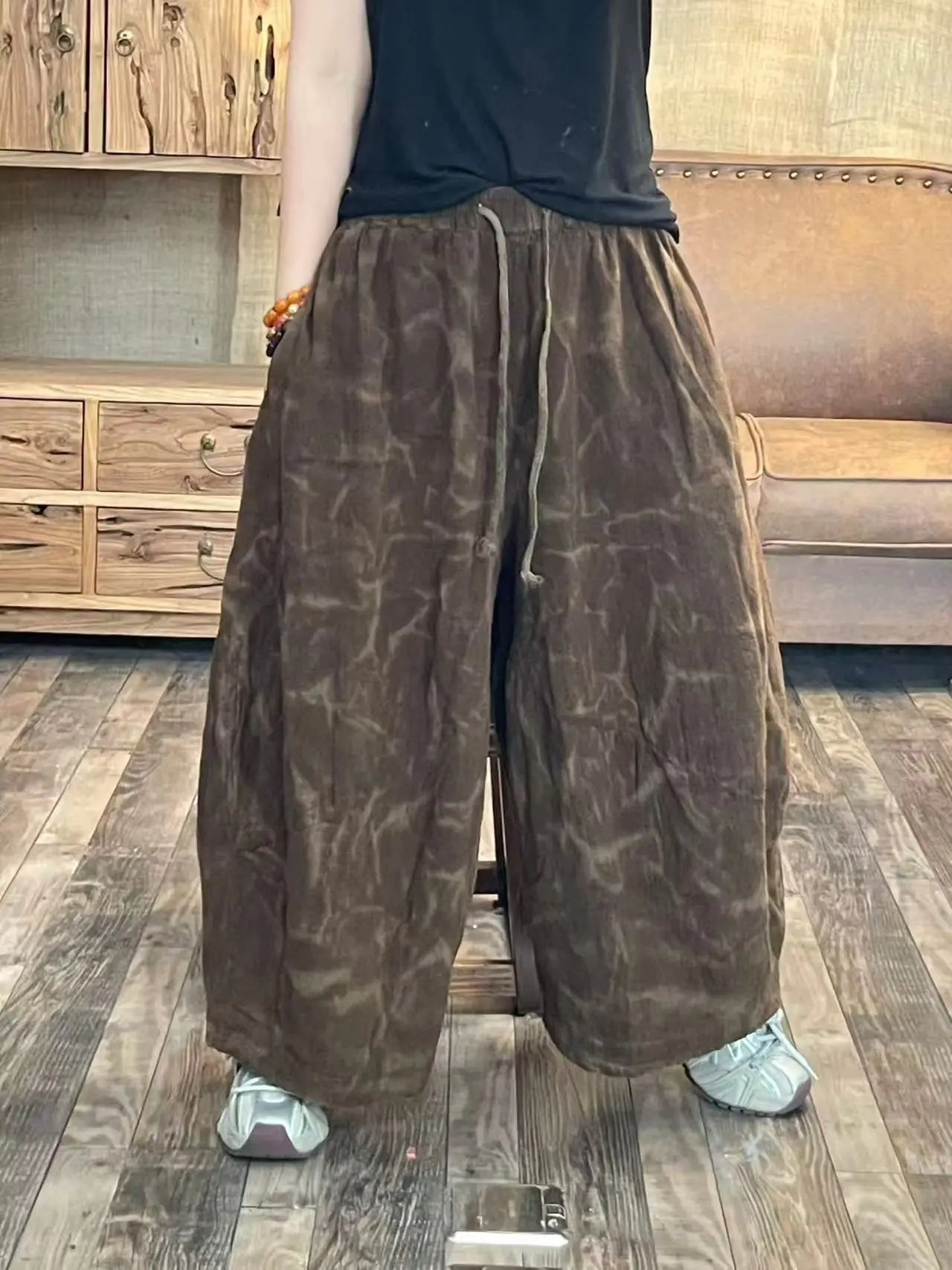 

Retro Coffee Dyed Linen Pants Women Loose Wide Leg Lantern Pants Spring Autumn Zen Sle Casual Trousers Trendy High Waist El...