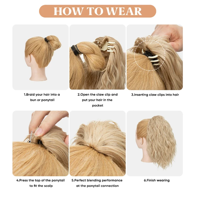 Synthetische Klaue Clip-in-Pferdeschwanz-Erweiterungen, 35,6 cm, lockiges, gewelltes, flauschiges Pferdeschwanz-Haarteil, Haar-Accessoires für Frauen und Mädchen – Detail 4