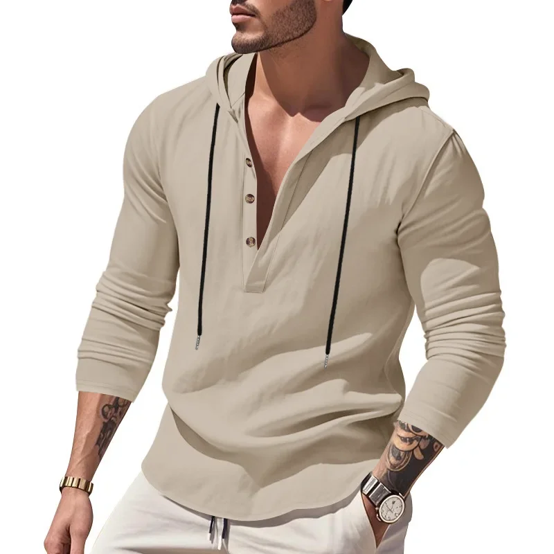 

Hot Selling Men's Loose Linen Breathable Hooded Solid Color Long Sleeve Sweatshirts Breathable Beach Undershirts Male Clothes