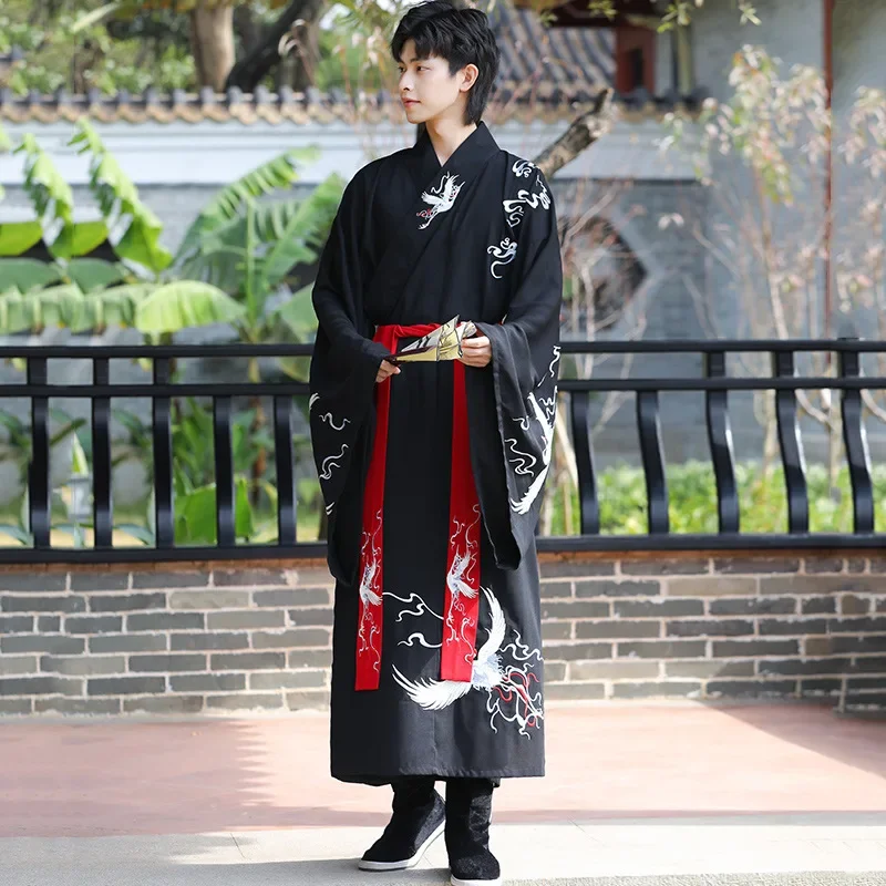 Original Crane Chinese Folk Dance Costume Man Traditinal Hanfu Stage Cosplay Clothing Male Robe +Belt Swordsman Tang Suit Movie