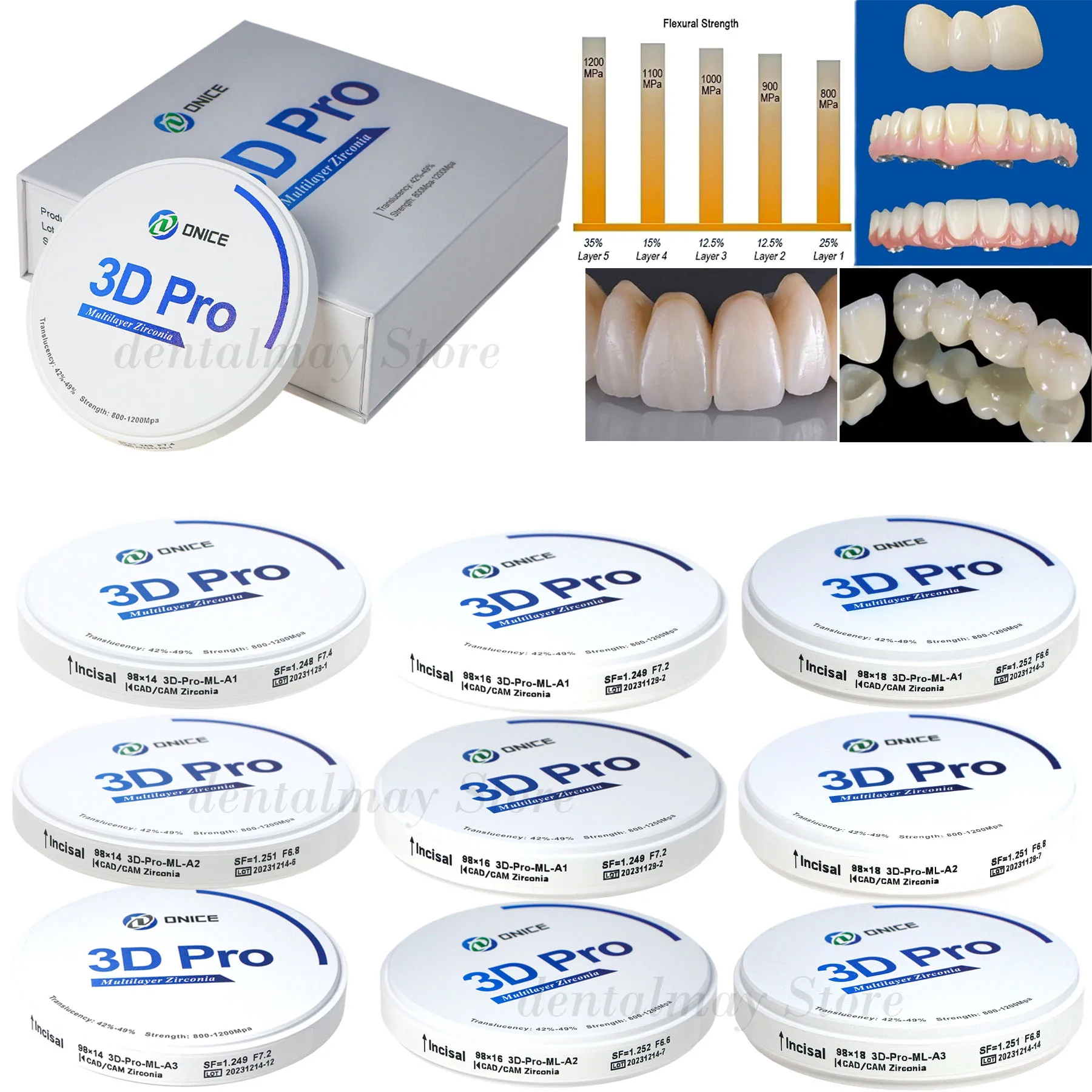 

Dental Zirconia Ceramic Zirconium Blocks CAD/CAM 98M 3D PRO ML M 1200Mpa Hig-per