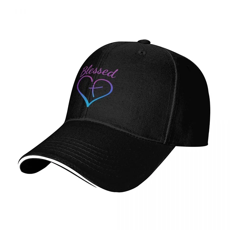New Blessed Heart Cross Design Black Baseball Cap with Purple and Blue Gradient Logo for Faithful Style and Spiritual Expression