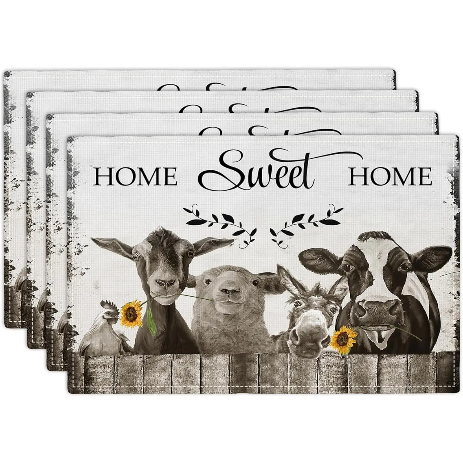

Набор салфеток для фермерского дома из 4 ковриков для стола с забавными животными, черно-белые моющиеся коврики для украшения вечеринки, столовой, 12x18 дюймов