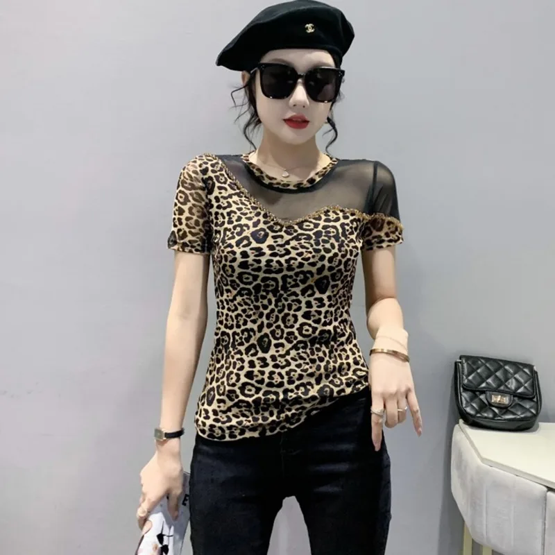 # 5239 Summer Leopard T Shirt Women Spliced Mesh Sexy Vintage Skinny T Shirt Female O-neck Diamonds Short Sleeve T-shirts Retro