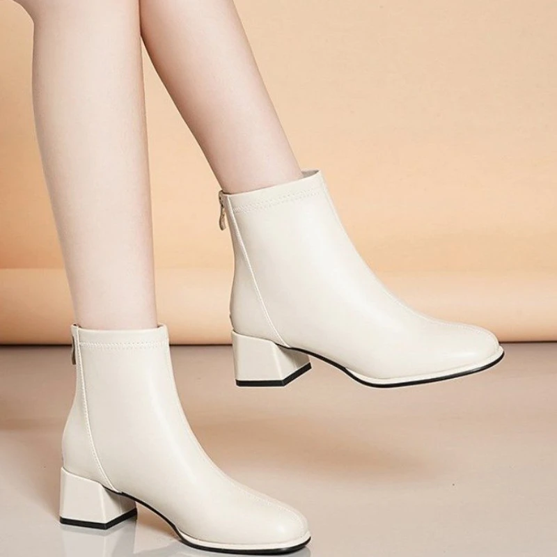 

Women Chunky Heel Shoes Comfortable Lightweight High Heels Round Head Back Zip Solid Colour Non-slip Short Boots Botas Femininas