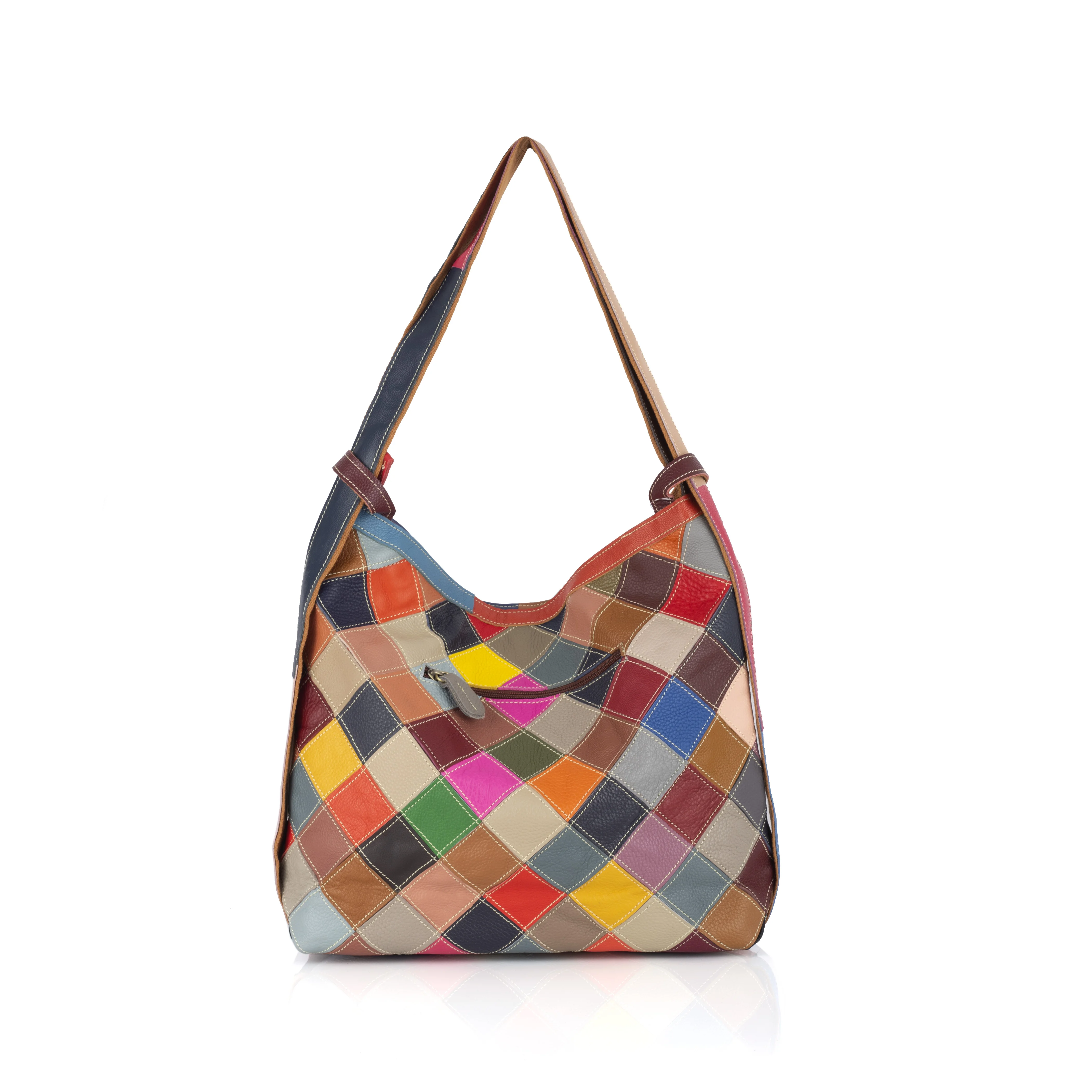 New Handmade Leather Tote Bag Women's Ethnic Style Geometric Pattern Color Block Casual Shoulder Bag Soft Cowhide Leather