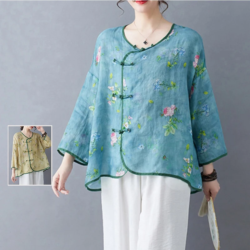 Ethnic Print Linen Shirt Women's plus Size Seven Sleeve Patchwork Color Oblique Flap Button Hide Meat Chinese Style Top
