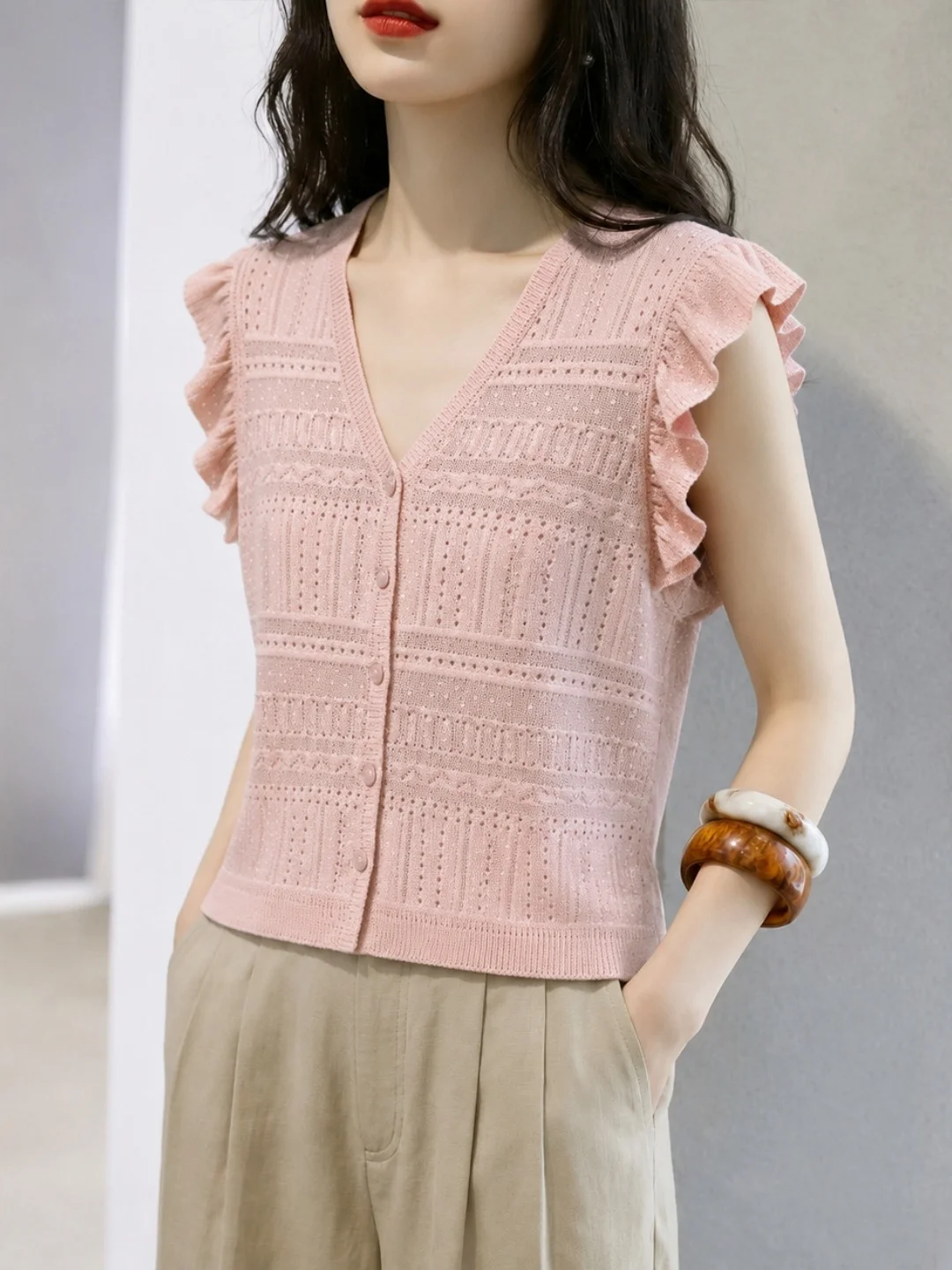 Trendy Ice Silk Knitted Top Single Button V-Neck Fashion Sweetening Fly Sleeve Summer 2026 Women's Korean Style Straight Cut