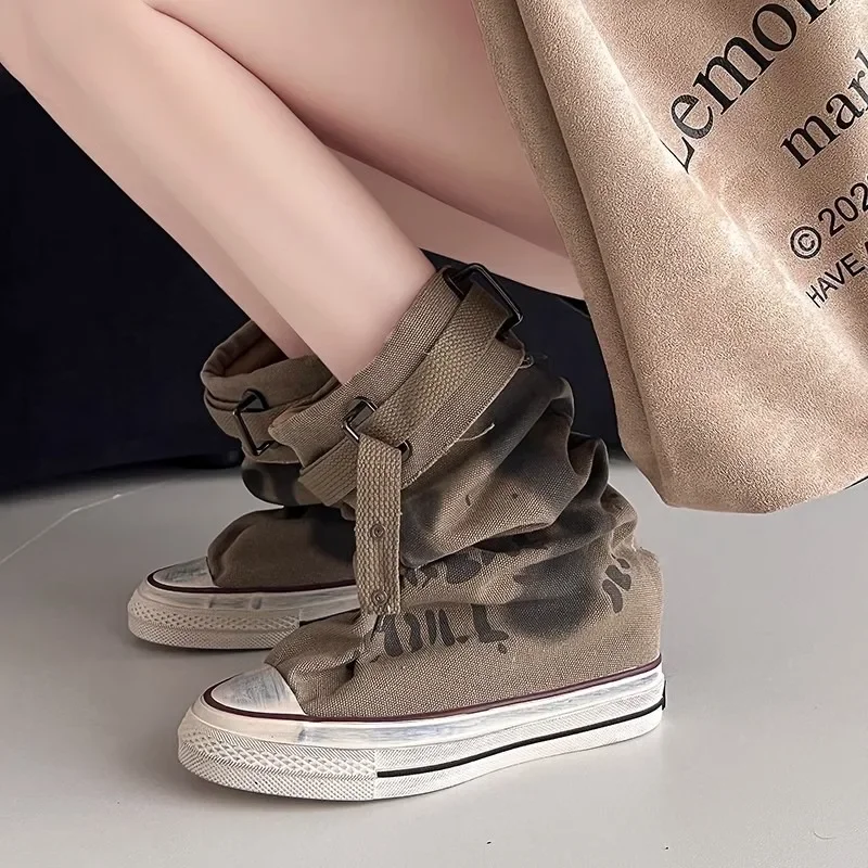 Non-slip Heightening Canvas Shoes for Women New Retro Flat Platform Graffiti Mid-calf Boots Trend Trouser Barrel Stacking Boots