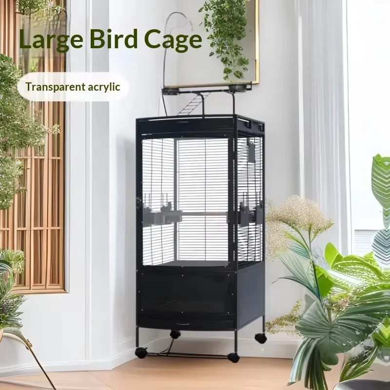 Large Black Iron Bird Cage for Parrots and Pigeons with Splash Proof Design Horizontal Wire Structure Eco Friendly Pet House