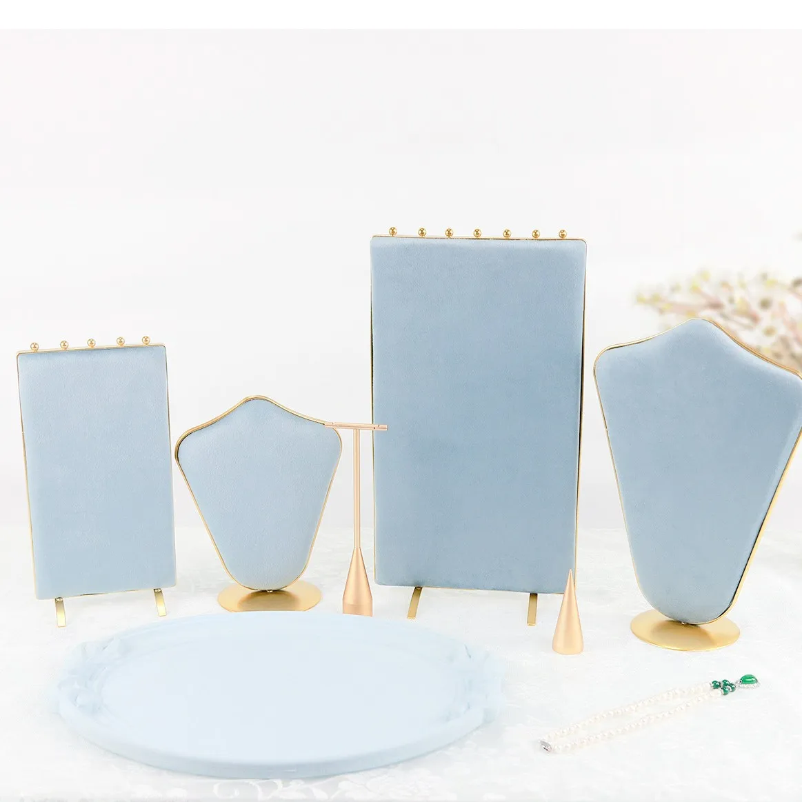Light Blue Velvet Jewelry Display Set Gold Trim Necklace Bust Earring Holder Stand Shop Counter Photography Showcase Props