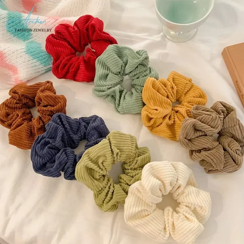 Vintage Color Winter Faux Warm Corduroy Hair Scrunchies Elastic Hair Band For Woman Girls Ponytail Holder