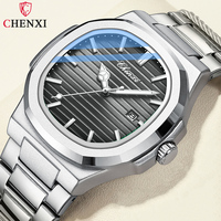 CHENXI Solid Stainless Steel Strap Quartz Watch Men Octagonal Alloy Case Striped Dial Business Men's Wristwatches with Calendar